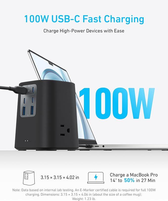 Anker Desktop Charger, 9-in-1 Power Strip with 300J Surge Protector, 100W | USB C Charger with 3 AC, 4 USB C, 2 USB A, 5ft Flat Plug Extension Cord with Multiple Devices, Home Office, Desk Accessories - Image 3