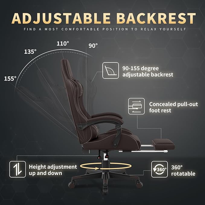 Gamtimer Gaming Chair, 400 LB Weight Capacity,with Pocket Spring Cushion | Ergonomic Backrest Office Chair,Leather, with Headrest and Lumbar Support, Footrest, Suitable for Adults(Brown) - Image 6