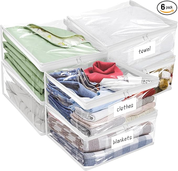 Plastic Storage Bags with Easy-Glide Zipper, Pack of 6, Durable Clear Vinyl Zippered Storage Bags for Clothes Sweaters Comforters Blankets Sheets Bedding (24 x 20 x 11 Inch, Transparent White) by Kikerike