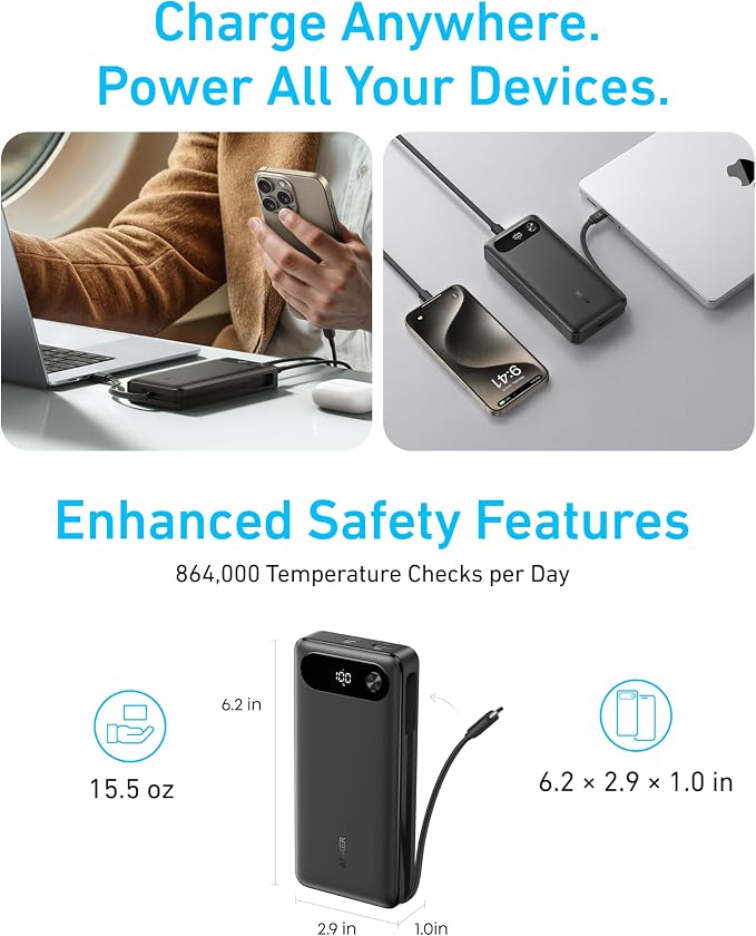 Anker Power Bank, 20,000mAh Travel Essential, Built-in USB-C Cable | 3-Port 87W Max Fast Charging Battery Pack, for MacBook, iPhone 16 / 15 Series, Samsung, Switch, and More - Image 6