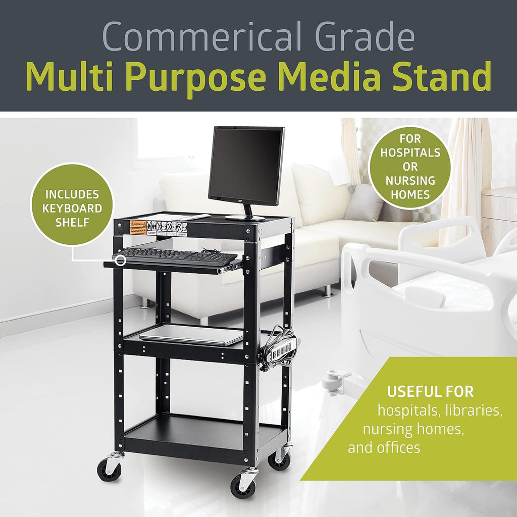 Pearington AV Presentation Cart Stand for Video Projector, TV, Laptop Computers, Printers, Metal Construction Rolling Storage Cart with Adjustable Shelves, 4 Wheels, 4 Outlets, 12ft Cord, Black - Image 4