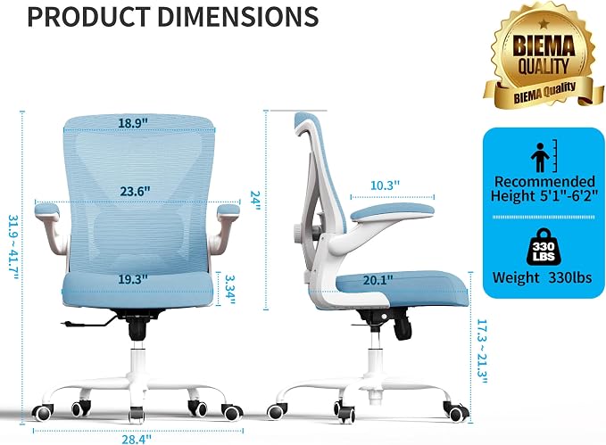 Office Chair: Mesh Ergonomic Desk Chair with 3D Lumbar & Swivel | 330LBS Computer Chair-Executive Task Work Chairs with Flip-up Arms Home Office Desk Chairs Gaming Chair for Long Hours(Blue) - Image 2