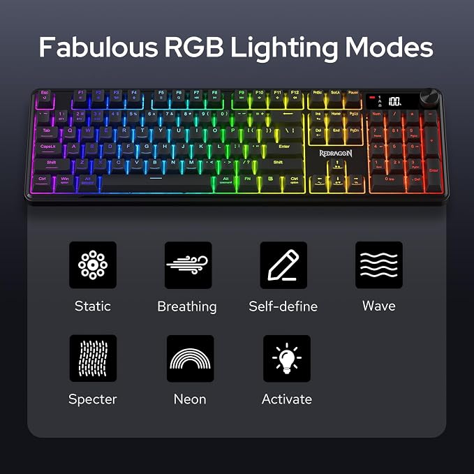 Redragon Wireless K526 PRO Membrane Keyboard & M693 PRO Gaming Mouse Combo | LED Info Display & Knob, 0-Delay Tri-Mode Both Devices, Adjustable DPI Up to 4800, Shared Dongle for Cordless Desktop - Image 9