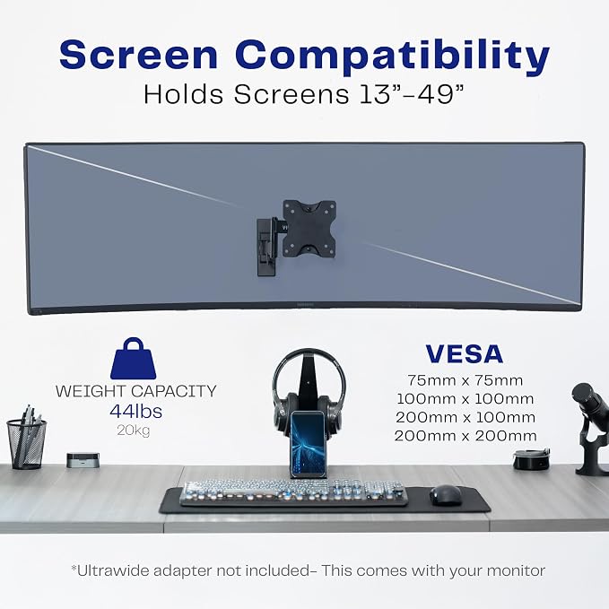 VIVO Full Motion Ultrawide Monitor Wall Mount, Fits Ultra-Wide Screens up to 49 inches and 44 lbs, Wide VESA Range with Tilt and Swivel, Black, MOUNT-VW06 - Image 4