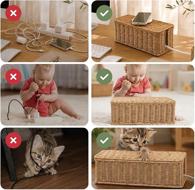 Cable Management Box, Handmade Rattan Cord Organizer for Power Strip | Open Slots Cord Hider for Power Strip, Router & USB Hub, Registered U.S. Design Patent - Image 8