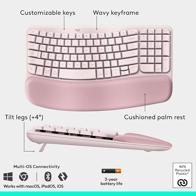 Logitech Wave Keys Keyboard & Lift Mouse Ergonomic Combo - Rose | Cushioned Palm Rest, wireless, Bluetooth, Easy-Switch, Multi-OS, Windows/Mac - Image 6