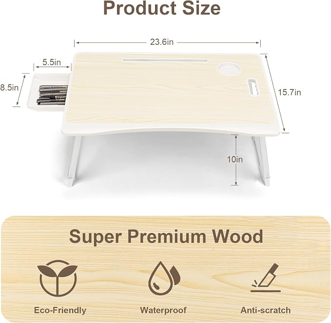 Amaredom Laptop Bed Desk Tray Bed Table, Foldable Portable Lap Desk Notebook Stand Reading Holder with Storage Drawer and Cup Holder for Eating Breakfast on Bed/Couch/Sofa-White Maple - Image 4