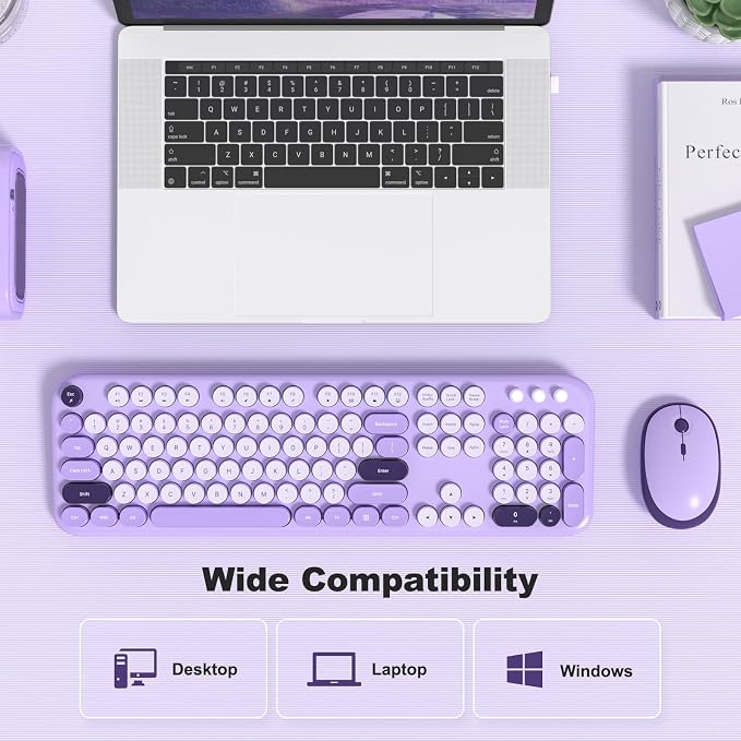 MOFII Wireless Keyboard and Mouse Combo, 2.4GHz Retro Typewriter Keyboard Full Size and Silent Mouse, 2-in-1 USB Receiver Plug and Play, for Laptop, PC, Desktop, Windows (Violet) - Image 5