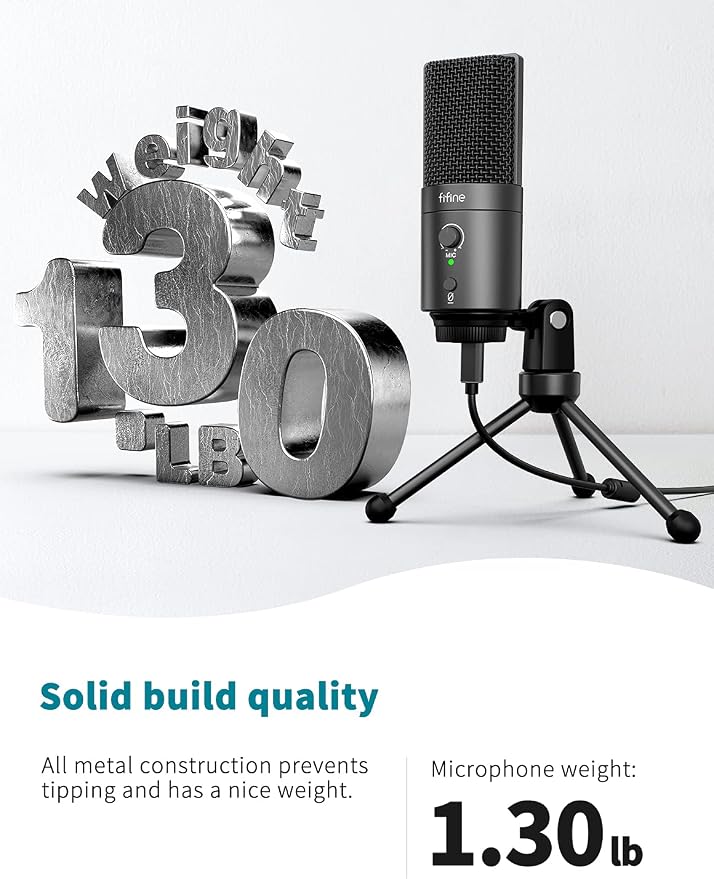FIFINE K683A USB Desktop PC Microphone for Recording Streaming | Studio Condenser Mic, Gain Knob, Mute Button, Headphone Jack, Extra USB-C Plug, Pop Filter for Computer and Mac - Image 7