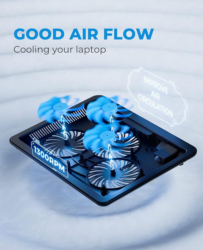 havit HV-F2056 15.6"-17" Laptop Cooler Cooling Pad - Slim Portable USB Powered (3 Fans), Black/Blue | Three quiet USB-powered fans circulate air below the laptop, two height settings improve viewing and typing comfort - Image 7