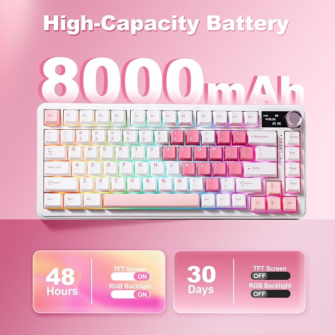 YUNZII B75 PRO MAX 75% Mechanical Keyboard (White Heart,Cocoa V2) | QMK/VIA, Wireless Keyboard with Screen and Knob, Custom Hot Swap, Gasket Mount, Creamy Switches, RGB for Gaming/Win/Mac - Image 8