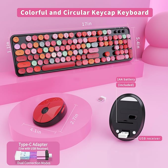 Wireless Keyboard and Mouse Combo, Ergonomic Full Size Typewriter Retro Round Keycaps Keyboard, Compatible with Windows, PC, Perfer for Home and Office Keyboards (Red - Image 5
