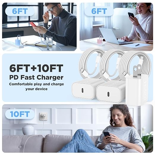 20W USB C Fast Charging for iPhone 17 Air/16/15 Pro Max,3Pack Colorful Mixed Charger Block with Braided Long USB C to C Cables (6/6/10ft) Compatible with iPhone16/15 Pro/15 Plus/iPad Pro - Image 6