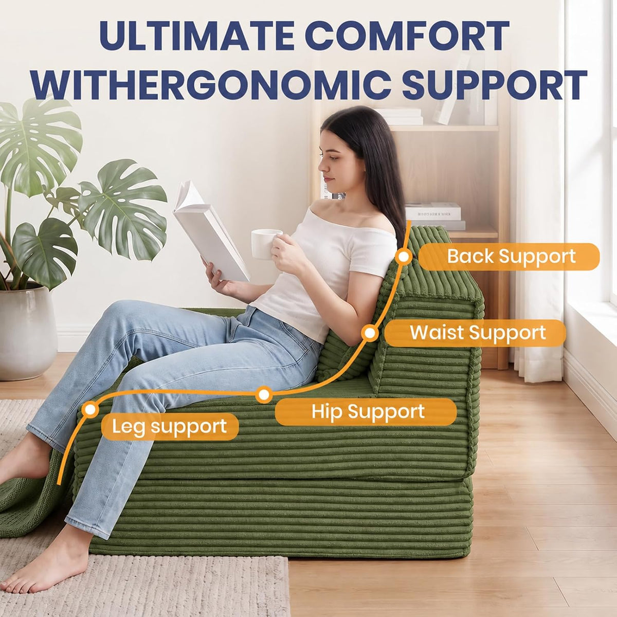 Folding Sofa Bed, 8" Convertible Sleeper Sofa Boneless Couch Fold Out Chair Bed with Pillow, Portable Floor Couch Lounge Sofa for Living Room Bedroom Guest Room (Green, Loveseat) - Image 5