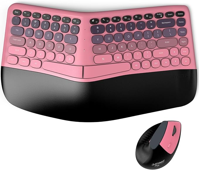 MOFII Wireless Ergonomic Keyboard and Mouse Combo, Split Curved Keyboard with Wrist Rest, Vertical Mouse, 2.4G, for PC Laptop Desktop Mac- Pink Gradient Colorful by MOFII
