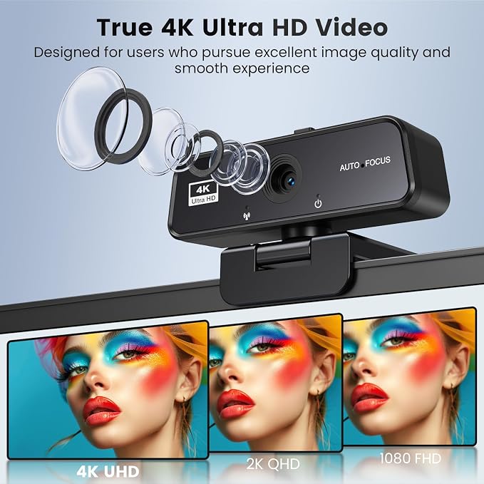 4K Webcam for PC & Mac with USB-C Adapter, 90° Wide-Angle Computer Camera with Microphone, Auto Light Correction, 360° Rotating Plug-and-Play Webcam for Zoom and Teams - Image 2