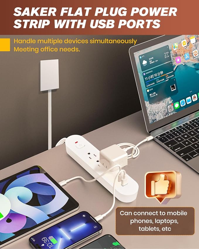 Saker 8ft Surge Protector, 3 Outlets, 3 USB, Flat Plug, White | 3 AC Outlets + 3 USB Ports, Built-In Surge Protection, 8ft Flat Extension Cord, Outlet Concealer for Home & Office - Image 9