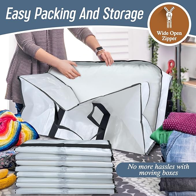 12 Pack Extra Heavy Duty Large Moving Bags with Strong Zipper, White | Comfortable Handles, Sturdy & Durable Clothes Storage Bags Totes Bins, Blue Packing Moving Boxes for College Supplies - Image 5