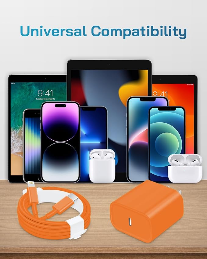 20W Fast Charger for iPhone 14/13/12 [3-Pack, MFi Certified] | USB-C PD power adapter with 6Ft cable, compatible with iPhone 14/13/12/11/Pro Max/Pro/Plus/Mini, iPad & more - Orange - Image 5