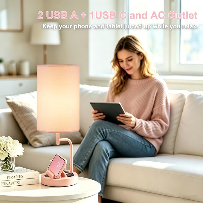 Dreamholder 2 Pack Table Lamp, Bedside Lamp with 3 USB Charging Ports & AC Outlet, USB Desk Lamp with 2 Phone Holders, Linen Fabric Shade Nightstand Lamps for Bedroom Living Room Office, Pink - Image 7