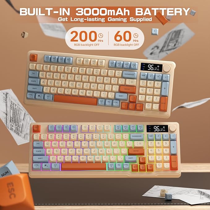 LexonElec M96 Wireless Gaming Keyboard,Knob Control Bluetooth/2.4G Wireless Mechanical Feeling Keyboard,RGB LED Backlit with Display Screen, PBT Keycap, 3000mAh, 94-Key Layout for Win/Mac (Blueberry) - Image 6