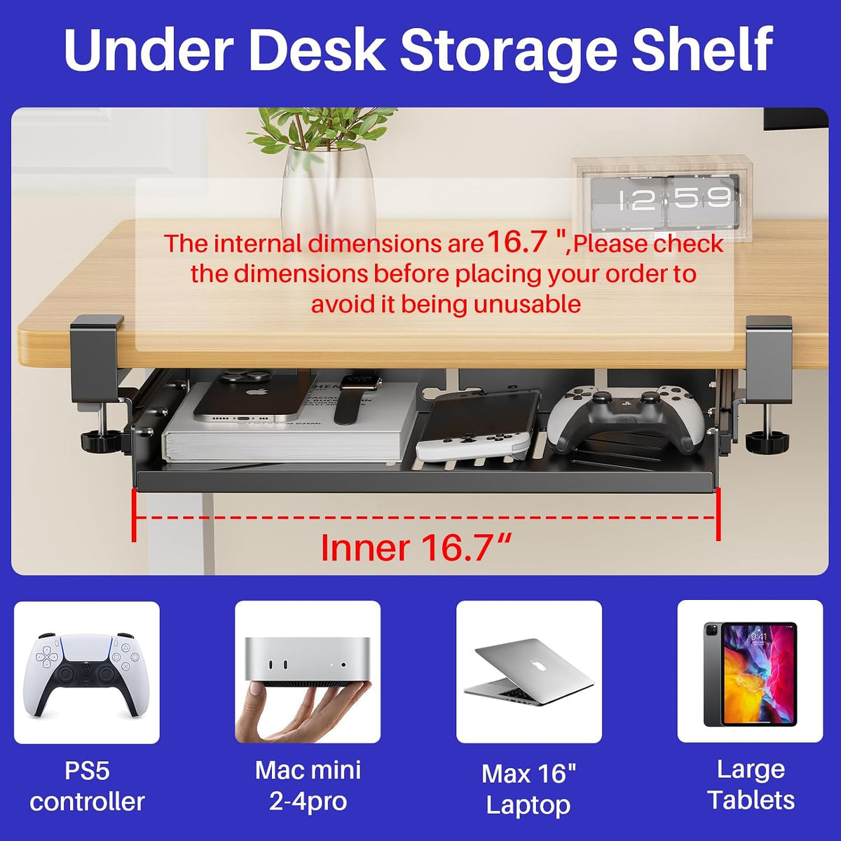 BYMECOST Sliding No Drill Under Desk Laptop Mount, Metal Storage Shelf - Image 8