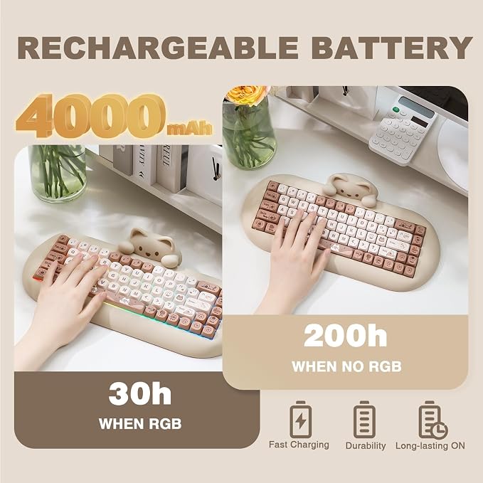 YUNZII C68 Silicone Cute Cat Mechanical Keyboard (Brown,Cocoa Cream Switch) | Wireless Triple Mode BT5.0/2.4G/Wired, RGB Backlit NKRO, Cute Cat Silicone Ergonomic Design for Win/Mac - Image 8