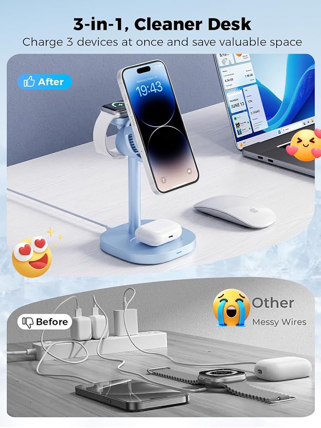 havit 3 in 1 Wireless Charger, Qi2.2 Certified 25W Magnetic Charging Station with Active Cooling for iPhone 17/16/15/14/13/12, Apple Watch & AirPods, 45W Adapter Included, Blue - Image 4