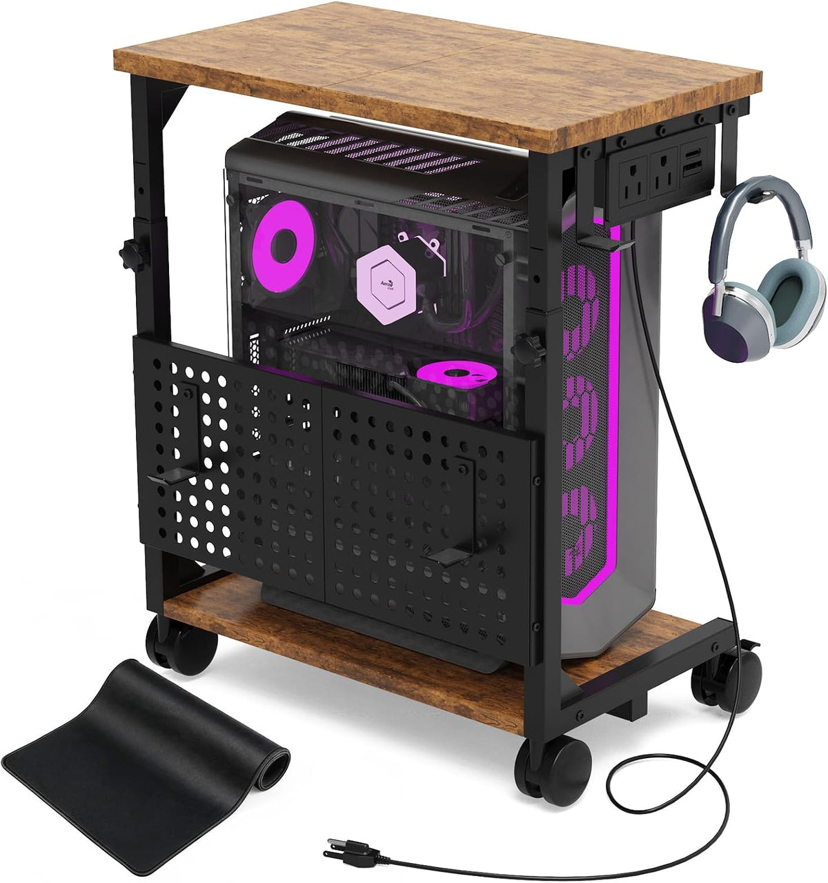 Adjustable Computer Tower Stand with Charging Station & Pegboard,Brown by TFK