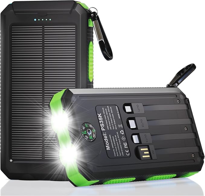 Solar Charger Power Bank 20,000mAh, Portable Charger, 4 Cables 3 Ports Fast Charging External Battery Pack with USB C for Cell Phones, Solar Panel Charger with Dual Flashlight for Camping Green by Durecopow