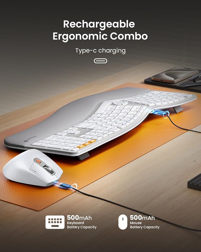 ProtoArc EKM01 Plus Wireless Ergonomic Keyboard Mouse Combo - White Silver | Full-size Split Keyboard with Cushioned Wrist Rest, Ergonomic Mouse, 3-Device Bluetooth/2.4G, USB-C Rechargeable - Image 8