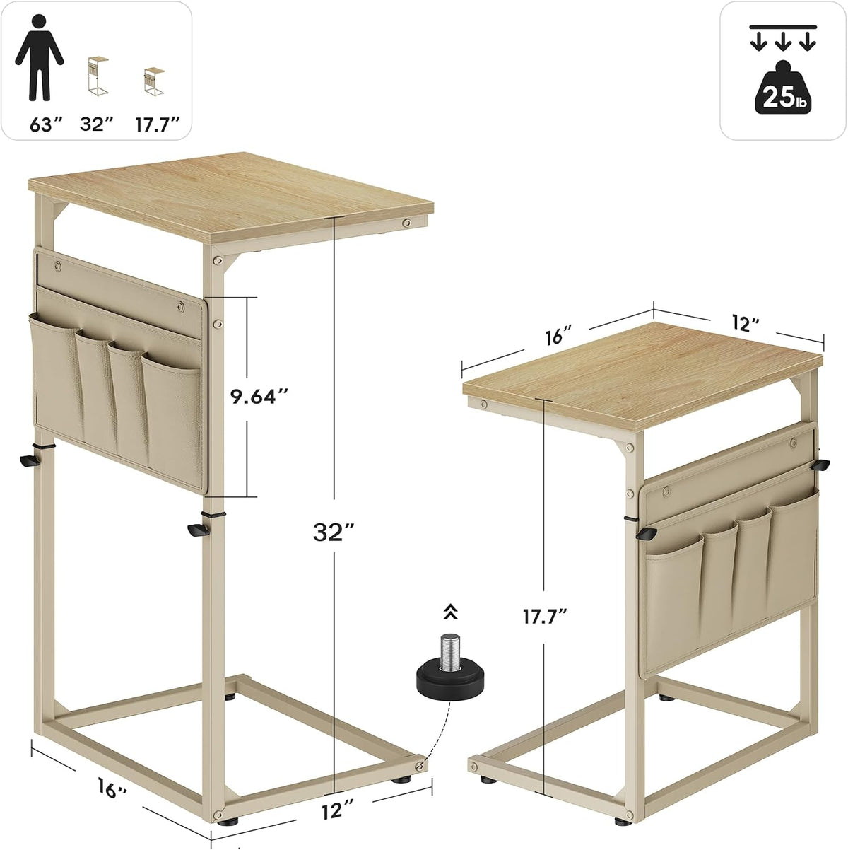 C Shaped End Table, 32'' Tall Side Table for Couch, Adjustable Height Small Couch Side Table for Small Spaces, End Table Slide Under Sofa Table TV Tray Table Arm Table for Living Room - Image 3