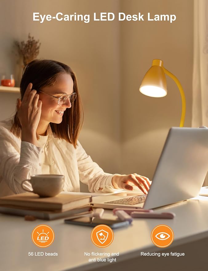 BOHON LED Desk Lamp with USB Charging Port 3 Color Modes Fully Dim, Yellow | Reading Lamp, Auto Dimming Task Lamp, Flexible Neck Table Light for Home Office Dorm Bedside, Bright Yellow - Image 6