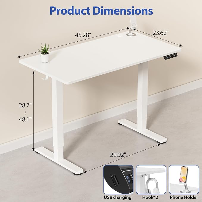 YESHOMY Height Adjustable Electric Standing Desk, 46 x 24 Inches Memory Home Office Sit Stand up Desk with Phone Holder and USB Charging Port, White - Image 3