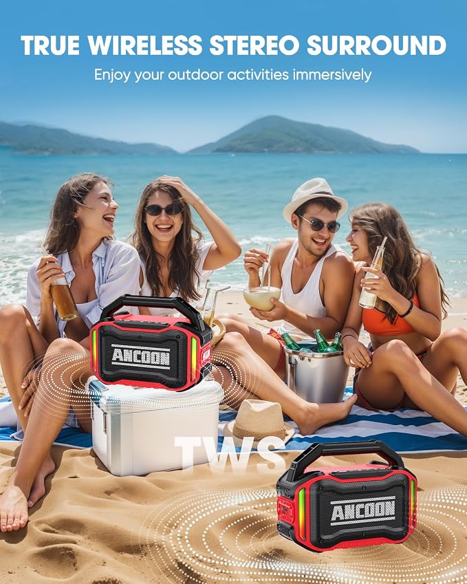 ANCOON Speakers Bluetooth Wireless: 80W(Peak) Loud Speaker with Bass, 20H Playtime, IPX6 Waterproof, Large Jobsite Speakers for Work, Outdoor, Workshop, Garage, Portable Speaker with TWS (Red) - Image 5