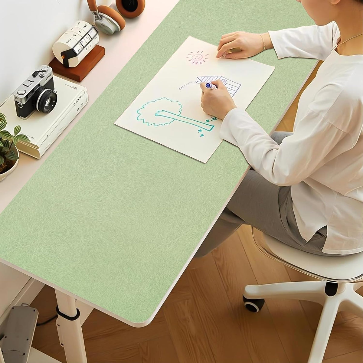 47.2" x 16.9" Large Desk Mat, Leather Mouse Keyboard Pad, Non-Slip Writing Pad, Desk Protector for Office, Home - Light Green - Image 6