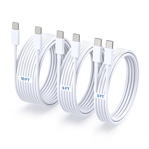 3-Pack USB-C to USB-C Fast Charging Cable for iPhone 17, 16,15 – White | Type-C Power Cord, (60W 3ft/6ft/10ft), Compatible with iPhone 17,16,15 Pro Max, iPad, & for Samsung Galaxy S26, S25, S24 by TZBAY