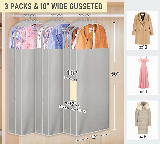 MISSLO 10" Gusseted Garment Bags for Hanging Clothes 50" Long Dress Bags for Closet Storage Dress Cover for Suits, Coats, 3 Packs, Grey - Image 2