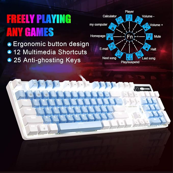 MageGee Mechanical Gaming Keyboard, 104 Keys White Backlit Mechanical Keyboards with Red Switches & Double-Shot Keycaps, Wired Ergonomic Computer Keyboard for Desktop, PC Gamers (White & Blue) - Image 4