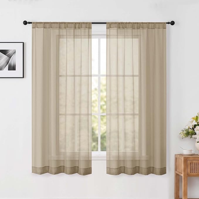 Taupe Sheer Curtains 63 Inch Length for Living Room 2 Panels Set | Light Filtering, Rod Pocket, Soft Airy Voile Sheer, Bedroom Window Treatments, Airy Soft Fabric,2 Pcs Each 42"W X 63"L by OWENIE