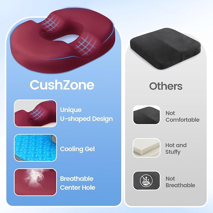 Donut Pillow Seat Cushion, Cooling Gel Memory Foam Chair Cushion, Red | Office, Home & Car Seat Cushion, Butt Pillow for Tailbone Pain Relief, Hemorrhoids and Everyday Sitting Comfort - Image 5
