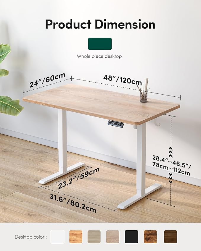 FEZIBO One-Piece Standing Desk, 48"x24" Seamless Tabletop Electric Height Adjustable for Home Office, Study Rooms & Multi-Device Workstations, Oak - Image 3