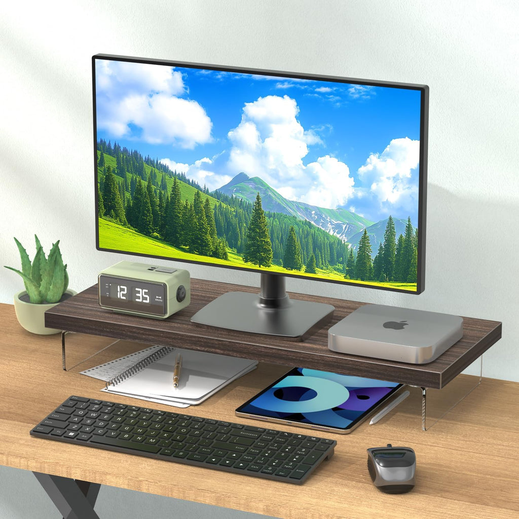 Dual Monitor Stand Riser, 40x10 in Wood & Acrylic Desktop Organizer Shelf - Image 6