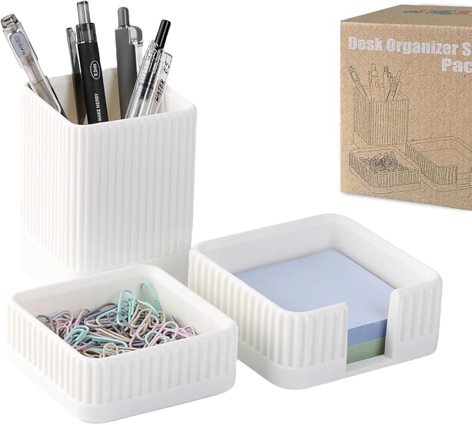 Aesthetic Desk Organizers and Accessories Set of 3 with Pen Holder,Paperclip Holder,Sticky Note Holder - Durable Plastic Pencil Holder for Office Women Men-Teacher Appreciation/Back-to-school Gift by Unknown