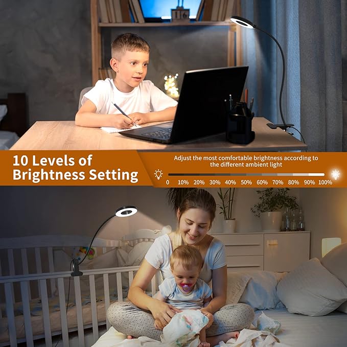 iZELL Desk Lamp, [3 Color Modes & 10 Brightness] LED Reading Light with Clamp, Silicone Flexible Arm Book Light for Kids Reading Book in Bed at Night Clip on Table, Headboard, Dorm - 15.8‘’ Black - Image 5