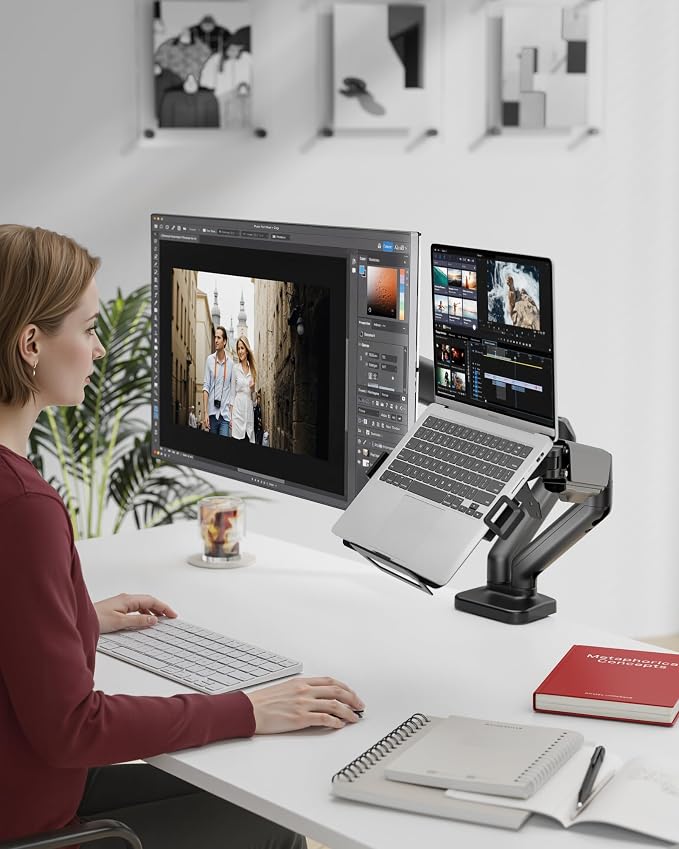 monTEK Dual Arm 2-in-1 Desk Mount, Laptop & Monitor, Fits 12–18" Laptops | Dual Arm Desk Mount with Ventilated Laptop Tray, Works for Laptop + Monitor,Full Motion Arm with Clamp/Grommet, 75/100 VESA - Image 8