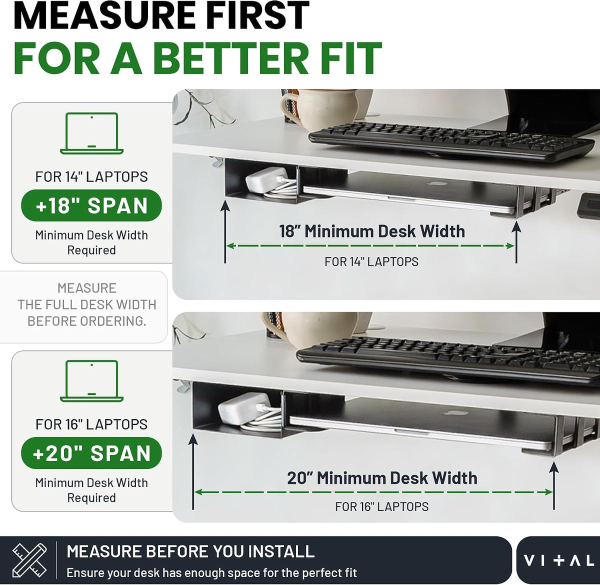 VI+AL Under Desk Laptop Mount - Hidden Metal Shelf with Side Storage, Hook & Cable Organizer - Installs with Tape & Screws - Fits Devices up to 1.7" Thick - Deluxe - Image 6