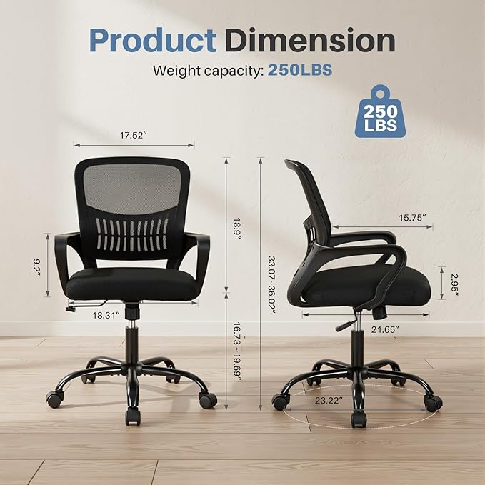 DUMOS Home Office Chair, Computer Desk Chair, Lumbar Support | Ergonomic Mid Back Mesh, Height Adjustable Fixed Armrest, Rocking Mode 360 Swivel, Computer Conference, Black - Image 3
