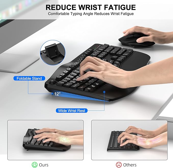 Wireless Keyboard and Mouse Combo, 2.4G Ergonomic Wave Keys(Black) | Full Size Wave Keyboard with Wrist Rest, 3-Level DPI Adjustable Ergonomic Mouse for Windows and Mac OS Desktop/Laptop/PC - Image 3