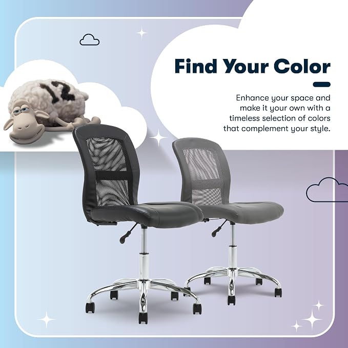 Serta Armless Small Home Desk Chair with Wheels, Ergonomic Mesh Back Chair | Essentials, Leather & Foam Cushion Seat, Adjustable Height, Small Vanity Chair for Bedroom, Small Spaces Desk Chair, Black - Image 11